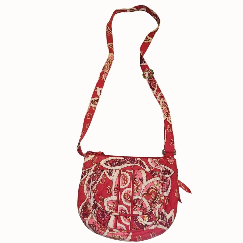 Vera Bradley Red & Pink Paisley Quilted Adjustable Crossbody Bag With Zip Closur